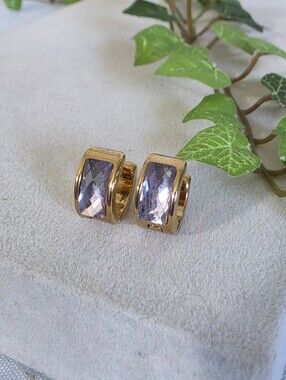Gold with Light Lavender Huggie Cuff Hoop Earrings